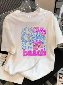 Top de mujer de manga corta y cuello redondo con diseño rosa y estampado "Back to the Beach", apto para todas las estaciones. - Blanco - Ver 1