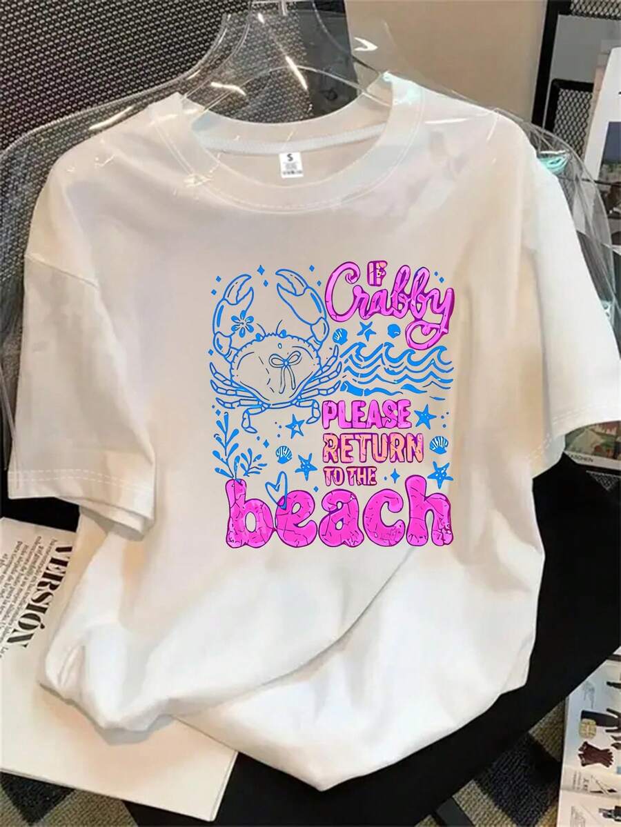 Top de mujer de manga corta y cuello redondo con diseño rosa y estampado "Back to the Beach", apto para todas las estaciones. - Blanco - Ver 1