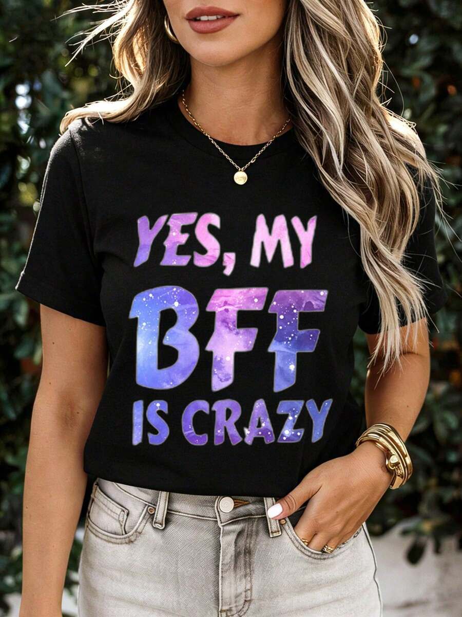 White Crew Neck T-Shirt With The Inscription "Yes My Bff Is Crazy Galaxy" For Casual Wear - 黑色 - 查看 1
