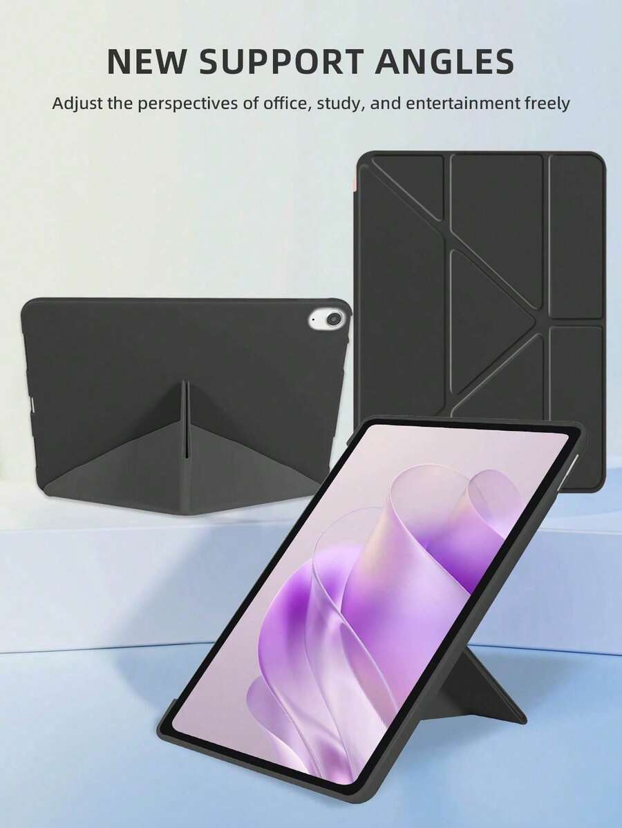 1個 矽膠Y型摺疊黑色平板電腦保護殼，適用於IPad Mini1/2/3/Mini4/Mini5/Mini6/Mini7/Air/Air2/9.7/10.2/10.5/Air4/Air5/10.9/Pro 11"/10th Gen/ Air 11-In.(M2)-2024/ Pro11-In.(M4)-2024/Air 11-Inch (M3) 2025/ (A16) 11 Inch 11th Generation 2025/ Air 8(M4)2026(11-Inch) 機型，不含筆，Y型摺疊可調多角度支架，PU皮革 + TPU 全覆蓋防震耐磨，蜂巢散熱，磁吸休眠/喚醒，極簡輕巧，可摺疊平板電腦保護殼 Y型摺疊平板電腦保護殼 無筆槽