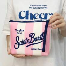 Borse da donna St. Barth, pochette con stampa leopardata, stile casual europeo e americano, pochette in denim pied de poule, pochette a righe. - Rosa striato - Visualizzare 2