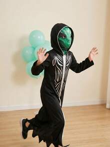 Children's Alien Costume, Hooded Alien Robe With Green Lightning Mask, Scary Alien Outfit For Halloween, Suitable For Boys And Girls, Alien Theme Party Costume, Halloween Candy Party Costume, Children's Carnival Costume - Multicolor - View 11