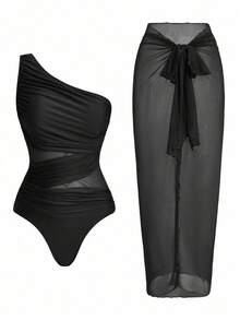Swim Oasis Traje de baño de una pieza con panel de malla fruncida de unicolor y falda pareo - Negro - Ver 1