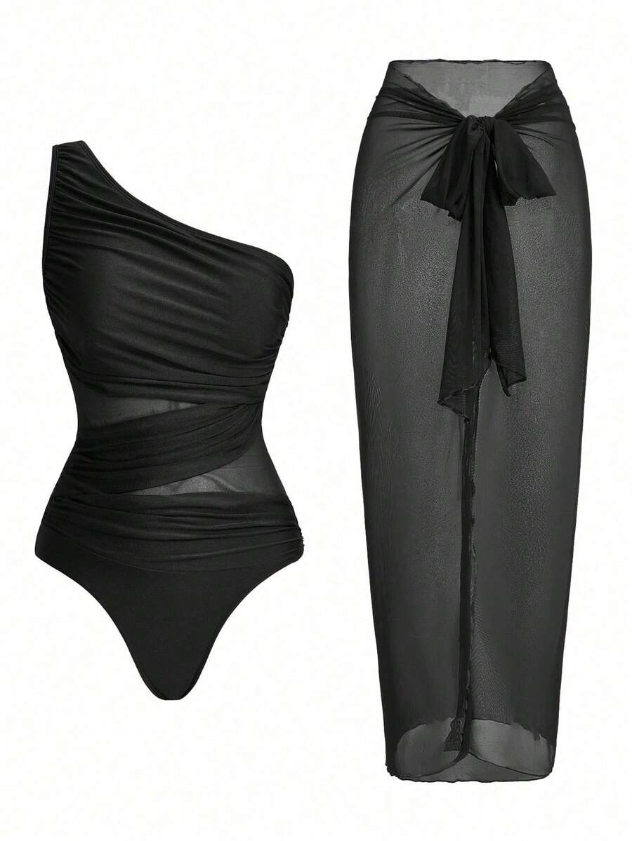 Swim Oasis Traje de baño de una pieza con panel de malla fruncida de unicolor y falda pareo - Negro - Ver 1