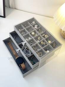 1 pieza Caja de almacenamiento de joyas de acrílico de lujo multicapa, tapa transparente a prueba de polvo con compartimentos de terciopelo, organizador de tocador para el hogar para aretes, anillos, collares - Multicolor - Ver 7