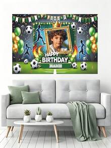 Customizable Photo And Name Football Theme Birthday Background With Flame Gold Balloons, Victory Ribbon Design Vinyl Material For Birthday Celebration Decor And Photography Props - Green - View 7