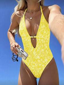 Traje de baño de una pieza sexy con espalda hueca, tirantes finos y estampado de patrones azul y blanco para mujeres, verano y vacaciones en la playa 2026 - Amarillo 2 - Ver 1