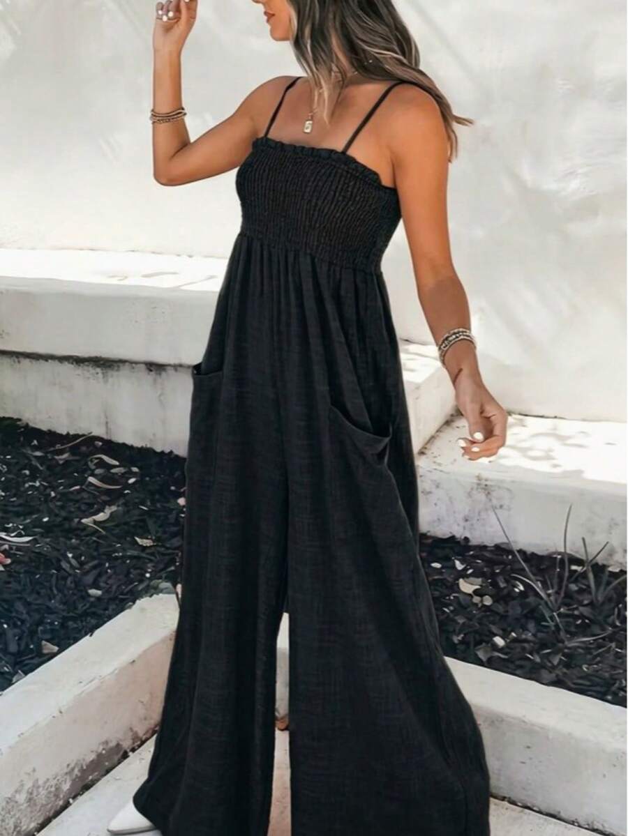 Women's Sleeveless Jumpsuit With Elastic Bust Design And Pockets, 32653 - Black - View 1