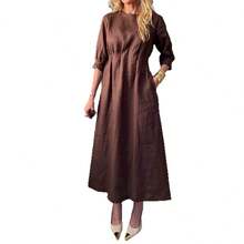 2026 Spring/Summer Women's Cotton-Linen Solid Color Casual Loose Long Dress With Double Side Pockets - Light Blue - View 6