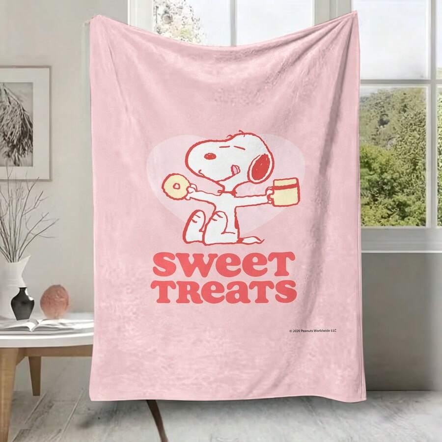 Peanuts Snoopy「甜點」法蘭絨披毯,柔軟舒適的絨毛刷毛毯,印有 Snoopy 甜甜圈與咖啡圖案,粉色背景,適用於沙發、床鋪、客廳、臥室、辦公室、旅行,四季皆宜 - 顏色 1 - 查看 1