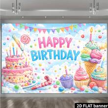 2D Flat Birthday Party Banner Background, Happy Birthday Theme, Featuring A Double-Layer Cream Cake, Cupcakes, Ice Cream Cones, Lollipops, And Colorful Triangular Pennant Flags, Paired With Candy Polka Dot Star Decorative Elements. Made From Durable, Backdrop, Party Decoration Backdrop, Tapestries, Tapestry,, Home Decor. - Nhiều màu - Xem 6