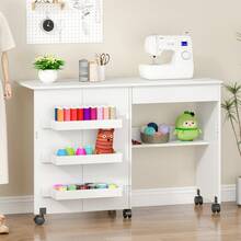 Sewing Table, 2-In-1 Folding Hobby Craft Table, Sewing Machine Desk With Open Storage Shelves And Rolling Casters, Sewings Machine Cabinet Computer Desk Workstation For Home Office - White - View 6