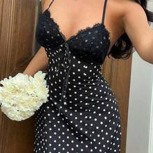 Vestido largo con estampado de lunares negros, encaje y parches, escote en V, cuello halter, espalda descubierta, cintura con lazo, para mujer, primavera/verano, elegante para vacaciones/citas/invitada de boda, uso diario minimalista - Burdeos - Ver 4
