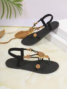 Flat Toe-Post Sandals Bohemian PU Leather Beaded Party Summer - Black - View 16
