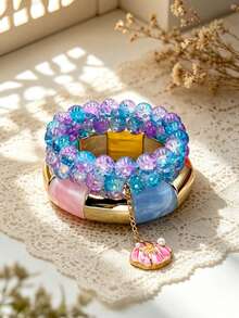 3 pièces Bracelet multicolore à perles multicouches style bohème avec pendentif en coquillage pour femmes, vacances à la plage - Bohême - Voir 4