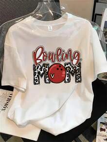 Camisa de mujer de manga corta y cuello redondo con estampado de bola de bolos, apta para todas las estaciones. - Blanco - Ver 1