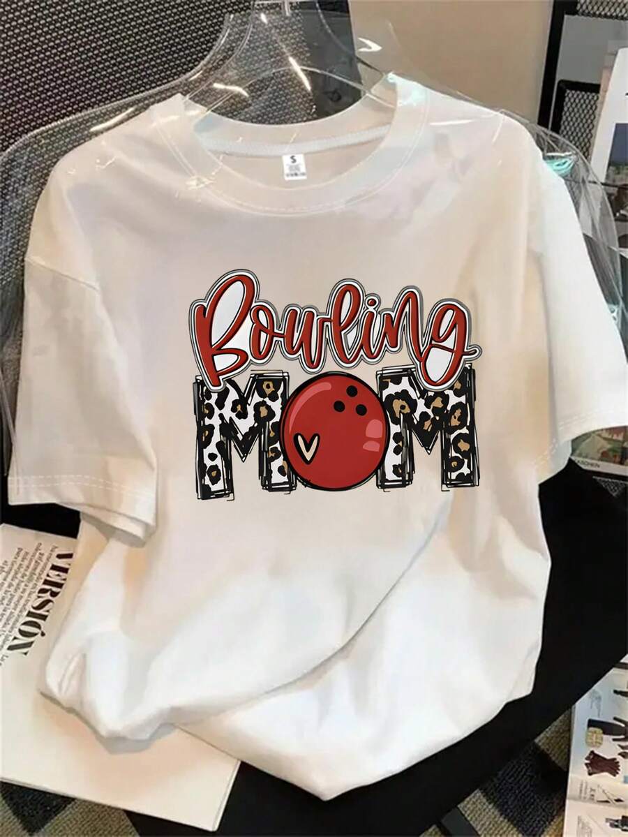 Camisa de mujer de manga corta y cuello redondo con estampado de bola de bolos, apta para todas las estaciones. - Blanco - Ver 1