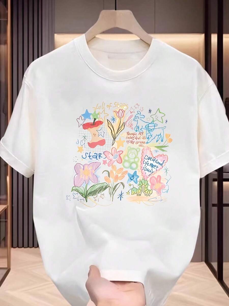 Cute Y2K Style Summer Top.1pac. Cute Y2K Style Summer Top. Unisex Oversized Short Sleeve T-Shirt 100% Cotton - Breathable, Round Neck With Star And Flower Graphic Print, Suitable For Daily Commute, Parties, Casual Wear, Machine Washable, Loose Fit. Perfect For Casual Wear. - 白色 - 查看 1