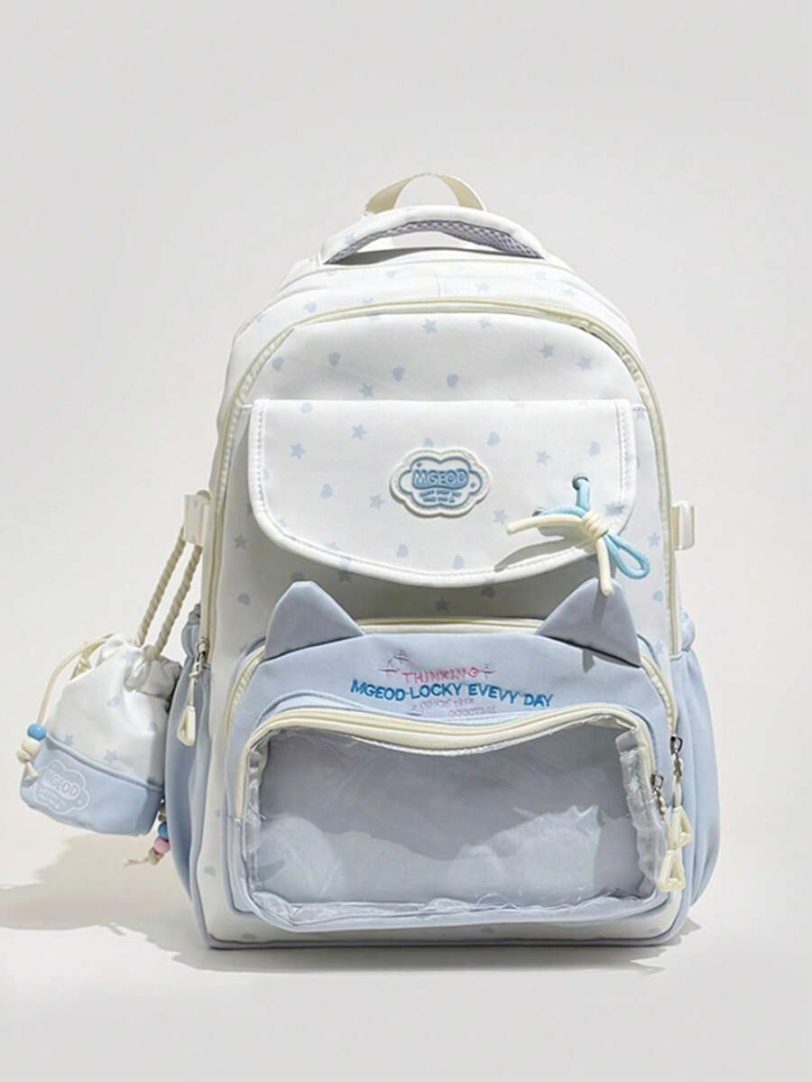 Ombre Blue & White Cat Ear Backpack, Girly Star & Heart Print Bookbag With Pendant, Large Capacity