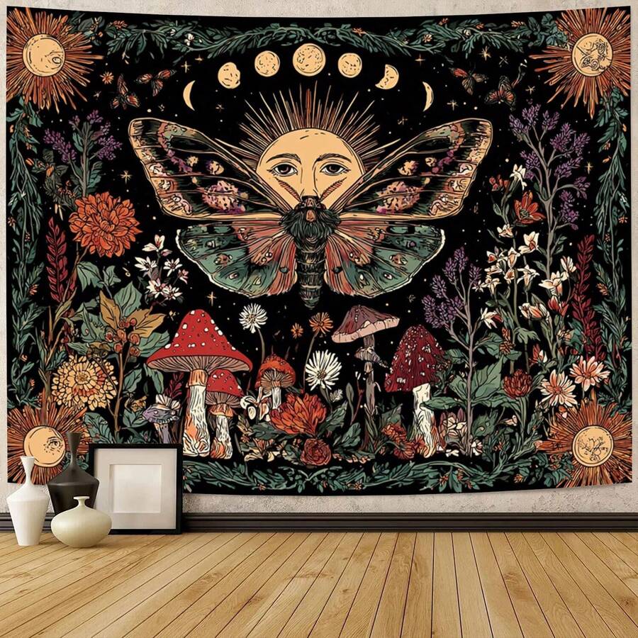 Vintage Sun Moon Moth Tapestry, Mystic Floral Mushroom & Moon Phase Print Polyester Wall Hanging, Witchy Boho Wall Decor Banner For Bedroom, Living Room, Dorm, Indoor Use, Perfect Gift For Halloween, Festival & All Holiday Celebrations - 多色10 - 查看 1