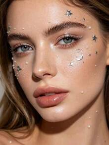 1pc Silver Star Moon Meteor Face Sticker, Gold Foil Star Moon Facial Decoration Sticker, Cool Atmosphere Makeup Sticker, Music Festival Party Eye Makeup Sticker, Portrait Photography Sticker, Waterproof Long-Lasting Facial Decoration Sticker, Stage Performance Facial Sticker - Multicolor - View 2