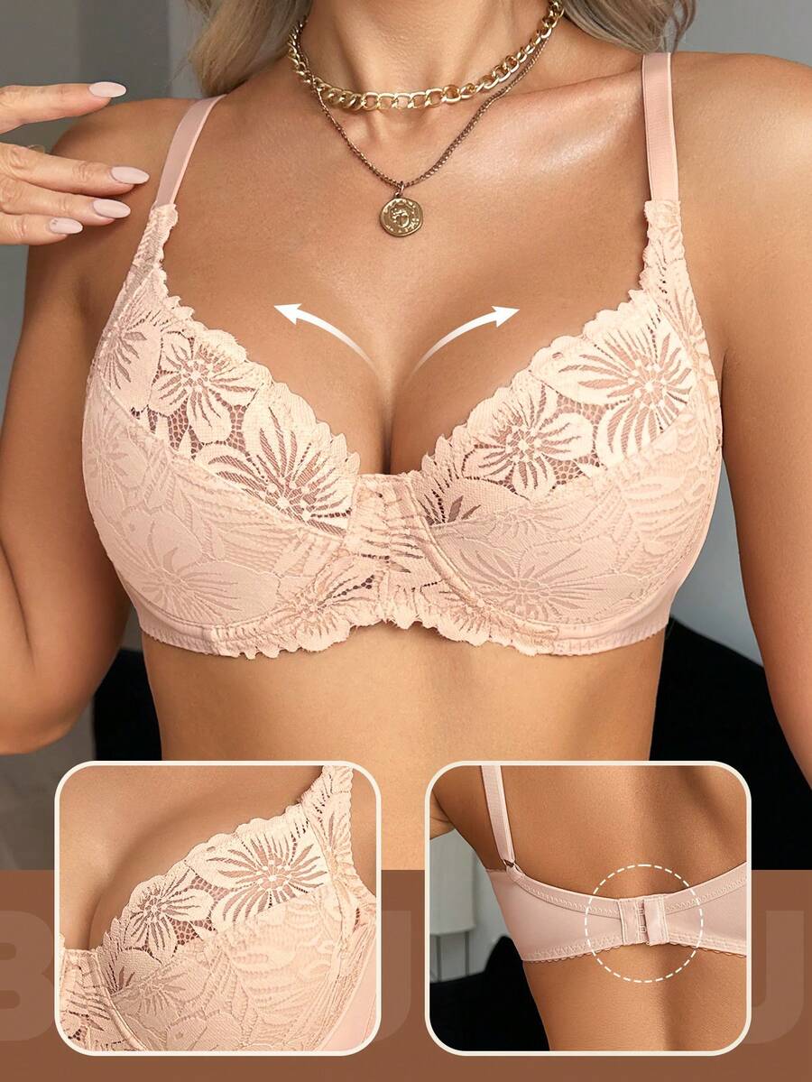 MEIYATING 女款性感花卉蕾絲聚攏胸罩，白色輕盈U型背內衣