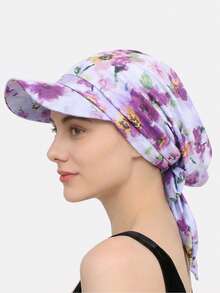 1pc Women's Tie Strap Visor Cap, Outdoor Sun Protection Hat, Tie Strap Brim Headscarf Cap, Suitable For Daily Use - Light Blue and Purple Flowers - View 6