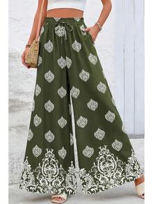 [Free Shipping]Women Wide Leg Pants Casual High Waist Floral Palazzo Pants For Women Flowy Lounge Boho Beach Trousers Pockets Women's Wide Leg - 軍綠色 - 查看 6