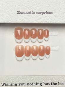 10 peças de unhas ovais feitas à mão, unhas press-on caseiras de acrílico, unhas curtas cor-de-rosa, unhas com ponta francesa branca, unhas minimalistas de verão, arte de unhas falsas DIY para festa, uso diário, encontros, ambiente de trabalho, looks de férias, para mulheres & raparigas como presente, suprimentos para unhas - Branco - Ver 2