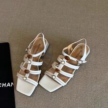 Sandali in pelle estivi con sottili cinturini, punta tonda, fibbia metallica, stile romano, punta aperta, tacco largo, stile casual retrò. - Beige - Visualizzare 3