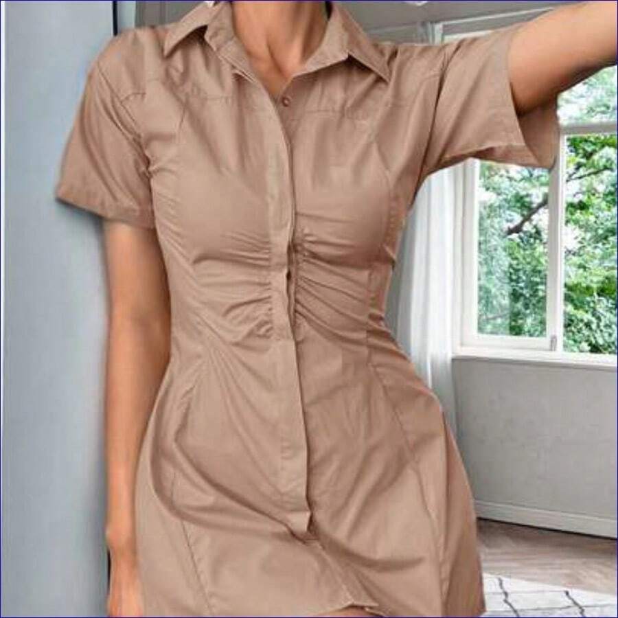 Vestido elegante de manga corta con cuello plegado de unicolor para mujer - Caqui - Ver 1