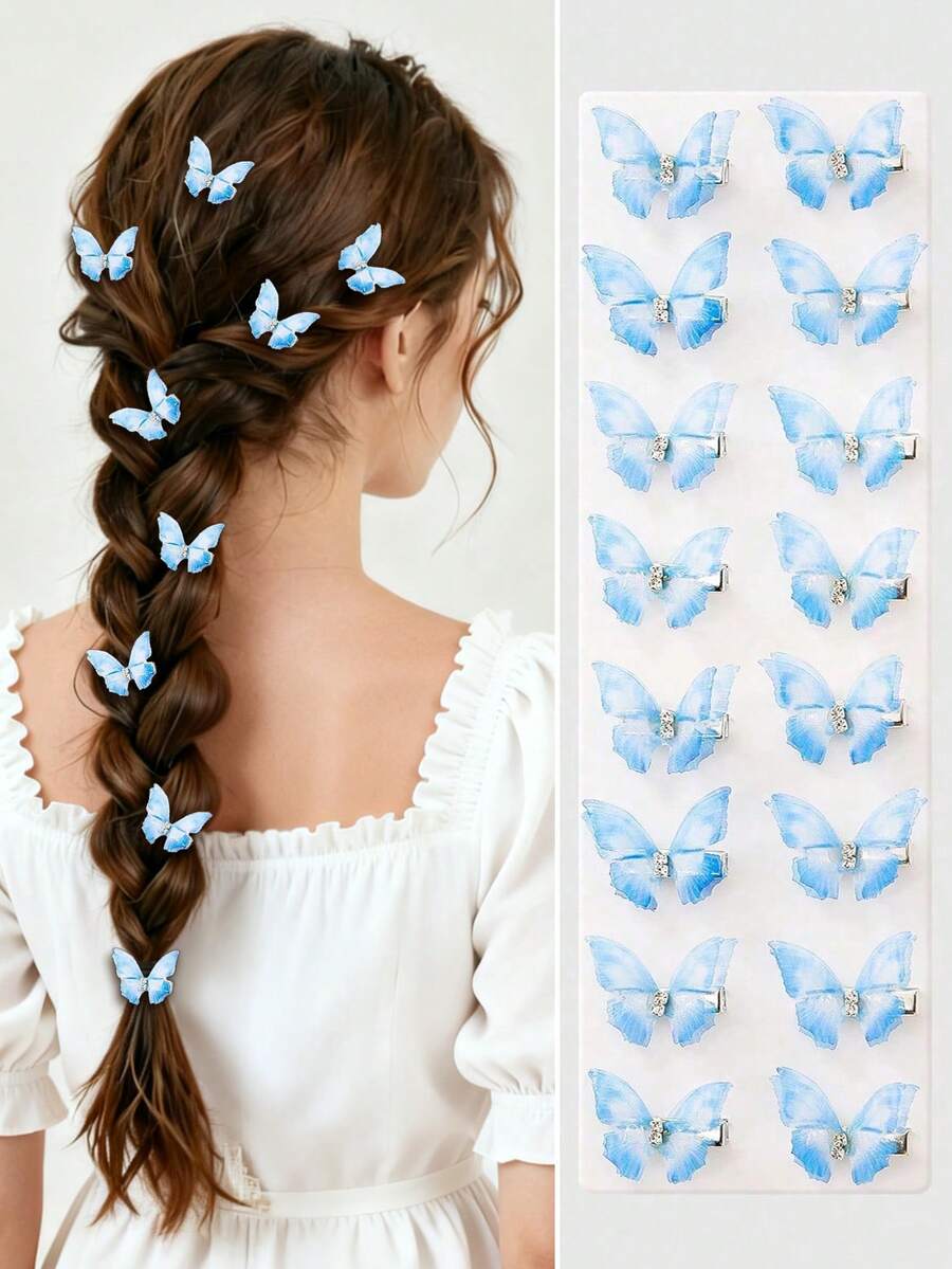 10pcs/Set Girls' Blue Double-Layer Rhinestone Transparent Tulle Butterfly Small Hair Clips, Cute Princess Style Hair Accessories, Bangs Clips Side Clips - Blue - View 1
