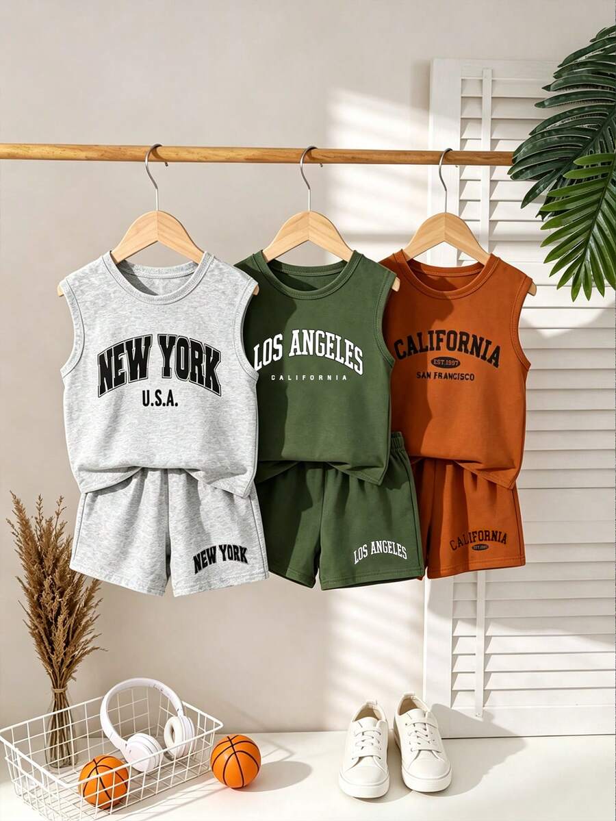 Bhchntiy 男嬰夏季新款 3件組「Los Angeles New York, Brooklyn」字母印花圓領背心與 3件組休閒時尚短褲 - 彩色 - 查看 1
