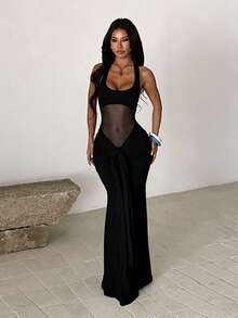 Summer Elegant Sexy Party Knit Fabric Backless Dress Beach Vacation Holiday Wedding Evening Date - Burgundy - View 3