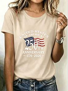 Loose V Neck Red Women's Tee Curved American Text Floating Star Strip Flag Print, Silky Smooth Top For Patriotic Anniversary Holiday Wear - 杏色 - 查看 7