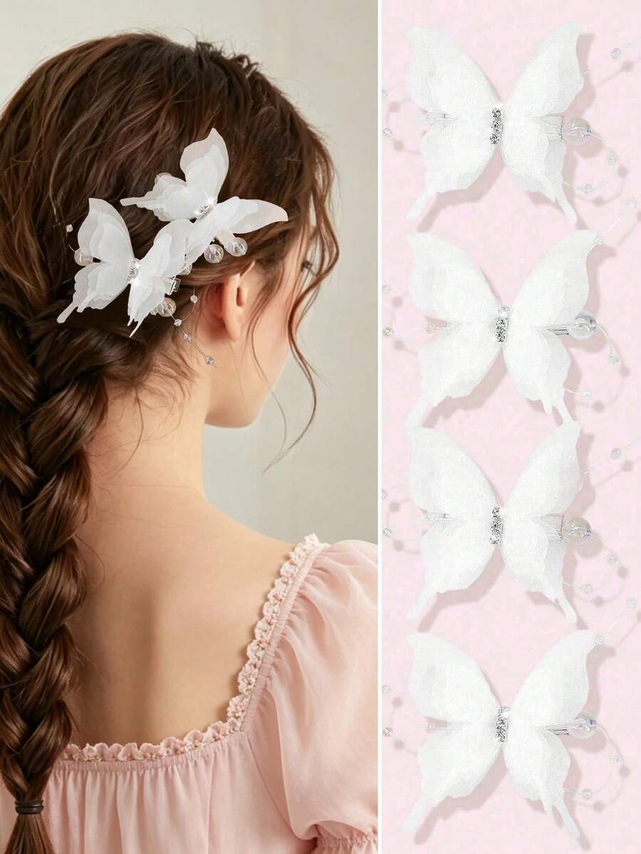 Set de 2 pinzas para el cabello con mariposa de malla con rhinestones blancos y decoración de perlas de sirena para niñas/adolescentes, clips para flequillo lateral, para uso diario - Blanco - Ver 1