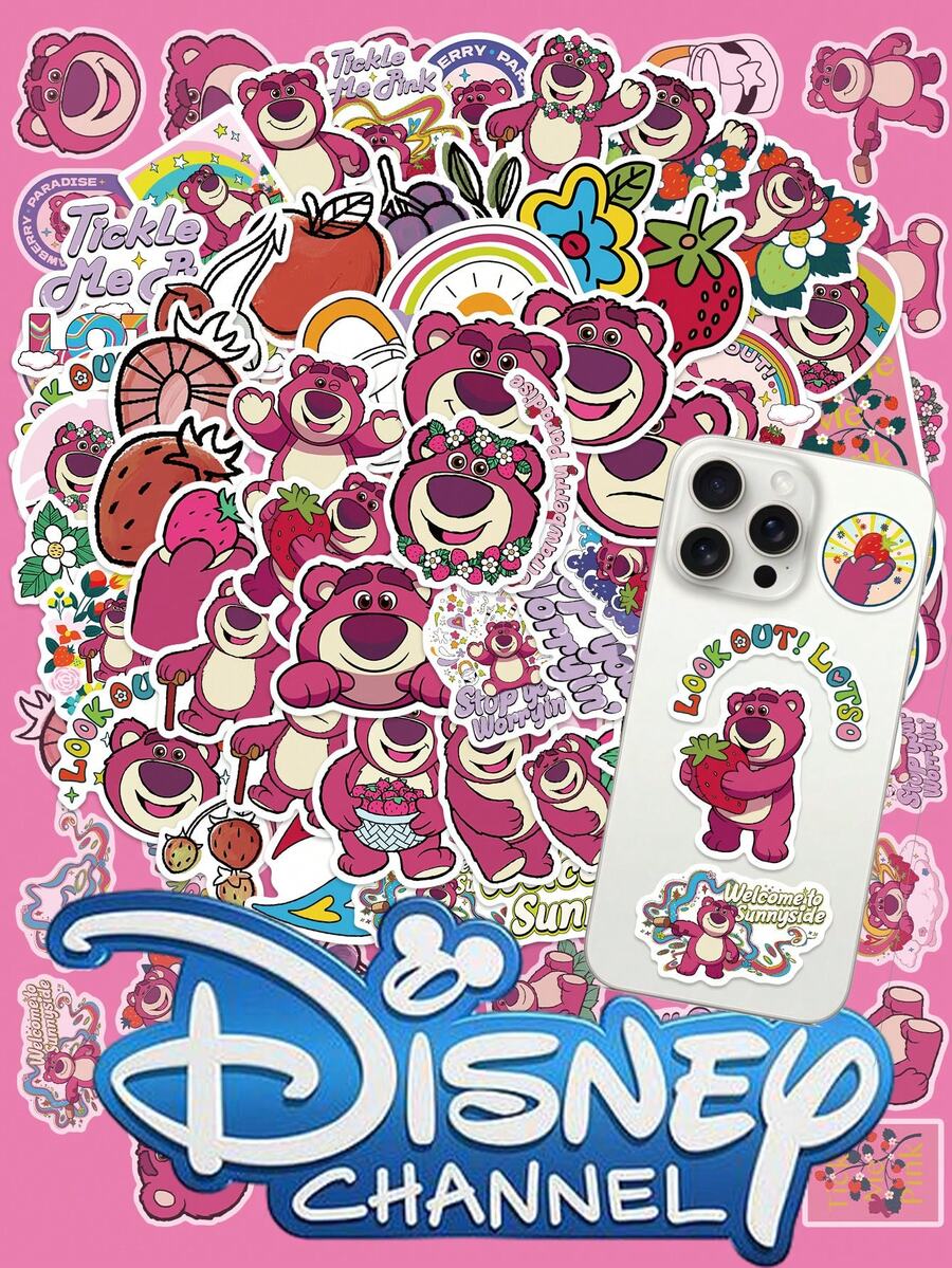 Disney 55入粉色草莓熊貼紙,可愛卡通乙烯貼紙,美感貼紙適用於水壺、行李箱、手機、行李、Kindle、汽車、筆電、手帳、剪貼簿,生日禮物、派對小禮、學校獎勵DIY - 1 Set - 查看 1