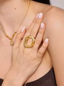 1 pieza Anillo de acero inoxidable con baño de oro, diseño geométrico hueco y redondo, accesorio de moda diario para mujer - Anillo ovalado - Ver 8
