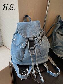Vintage Washed Blue Canvas Drawstring Backpack, Niche Casual Style Flap Cover Backpack, Daily Commute Student Leisure Small Backpack, Relaxed Drawstring Flap Design, Casual Versatile Multi-Pocket Backpack, School Style Middle/High/College Student Backpack, Lightweight Travel Canvas Bag - Multicolor - View 3