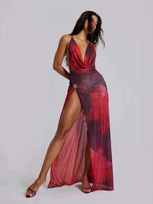 New Halter Dress With Metallic Hoop And Open Cut - 紅色 - 查看 4