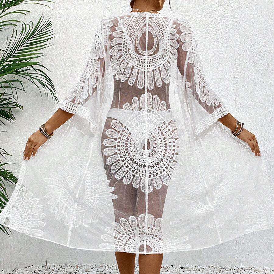 New Embroidered Lace Kimono-Style Jacket; Sarong To Wear Over A Bikini - White - View 1