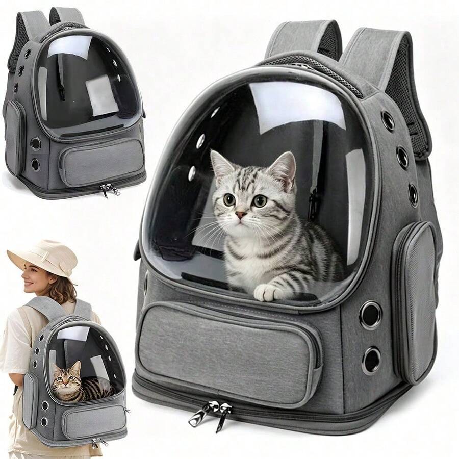 Haustierrucksack/Tragetasche im Raumkapsel-Stil, transparentes Design, Rundum-Atmungsaktivität, mit verstellbaren Schultergurten – eine atmungsaktive Reisetasche, geeignet für Hunde, Katzen und Kleintiere, ideal zum Wandern und für Spaziergänge im Freien, und entspricht den Lufttransportstandards. - Grau - Übersicht 1
