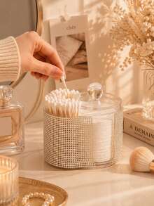 1pc Cotton Swab & Pad Holder With Lid, 2-Compartment Clear PS Bathroom Organizer For, Cotton Pads & Vanity Essentials, Rhinestone Or Clear Style Available, Multiple Color Options - View 6