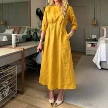 2026 Spring/Summer Women's Cotton-Linen Solid Color Casual Loose Long Dress With Double Side Pockets - Light Blue - View 4