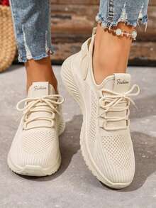 2025 New Women Solid Color Lace-Up Slip-On Sneakers, Wear-Resistant EVA Insole Tennis Shoes For Sports Hiking Autumn Winter Daily Wear - 杏色 - 查看 3