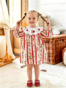 1pc Spring/Summer Long Sleeve Embroidered Collar Casual Cute Rabbit & Strawberry Cartoon Print Dress, Suitable For Young Girl & Young Girls - Red - View 2