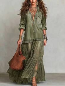 Elegant Boho Two-Piece Co-Ord Set, Oversized Roll-Up Sleeve Shirt With Sheer Tiered Maxi Skirt, Ruffle Trim Detail, Romantic & Effortless Vibe, Perfect For Vacation, Beach Cover-Ups & Casual Outings,  Flowy Set For Women - 綠色 - 查看 1