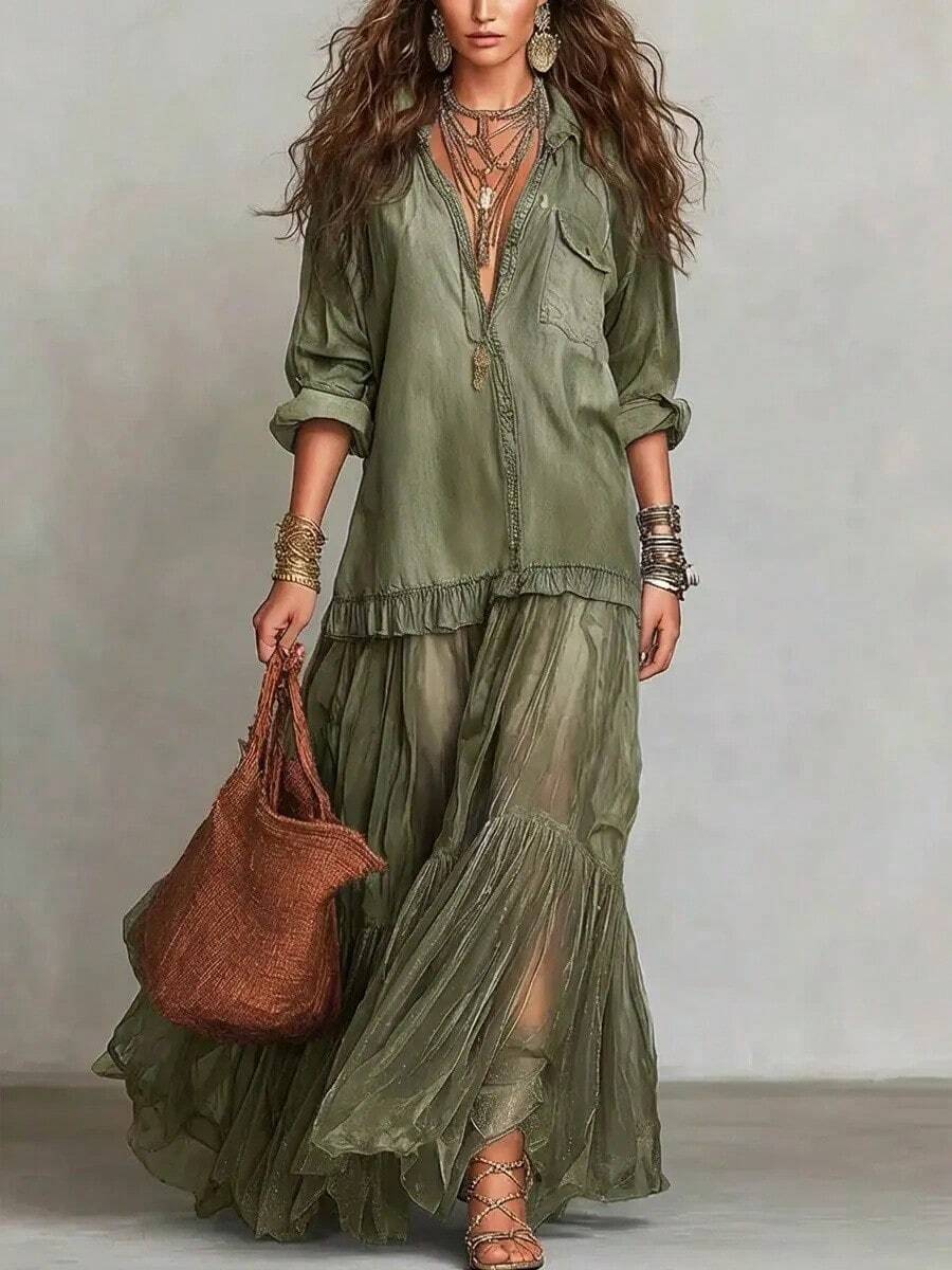 Elegant Boho Two-Piece Co-Ord Set, Oversized Roll-Up Sleeve Shirt With Sheer Tiered Maxi Skirt, Ruffle Trim Detail, Romantic & Effortless Vibe, Perfect For Vacation, Beach Cover-Ups & Casual Outings, Flowy Set For Women - 綠色 - 查看 1