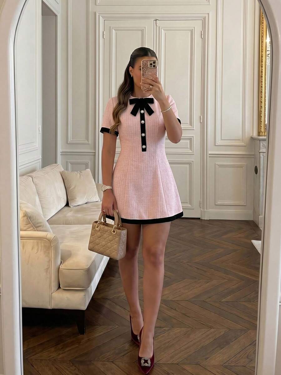 優雅法式復古派對度假婚禮正式約會短袖圓領短版洋裝,女性優雅洋裝,夏季粉色洋裝 - 粉色 - 查看 1