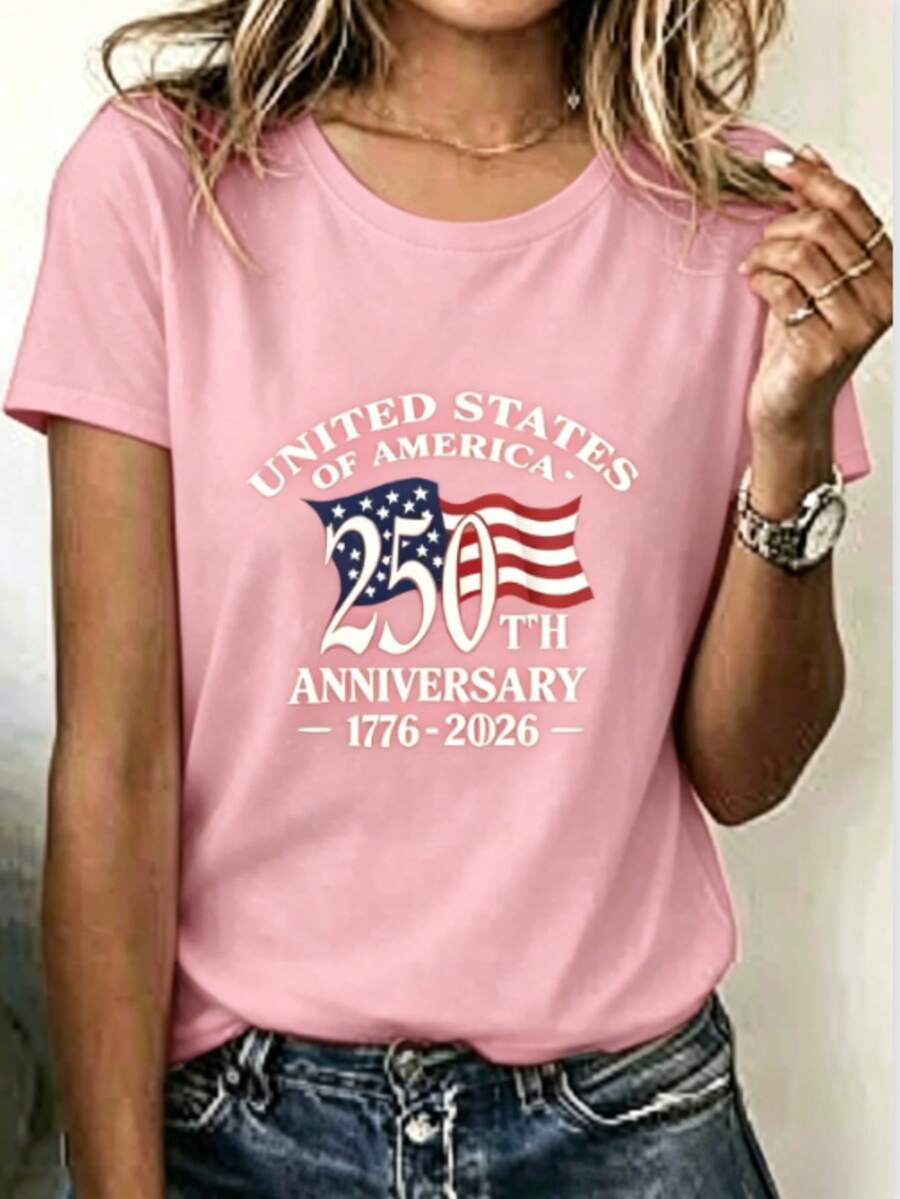 Loose V Neck Red Women's Tee Curved American Text Floating Star Strip Flag Print, Silky Smooth Top For Patriotic Anniversary Holiday Wear - 粉色 - 查看 1